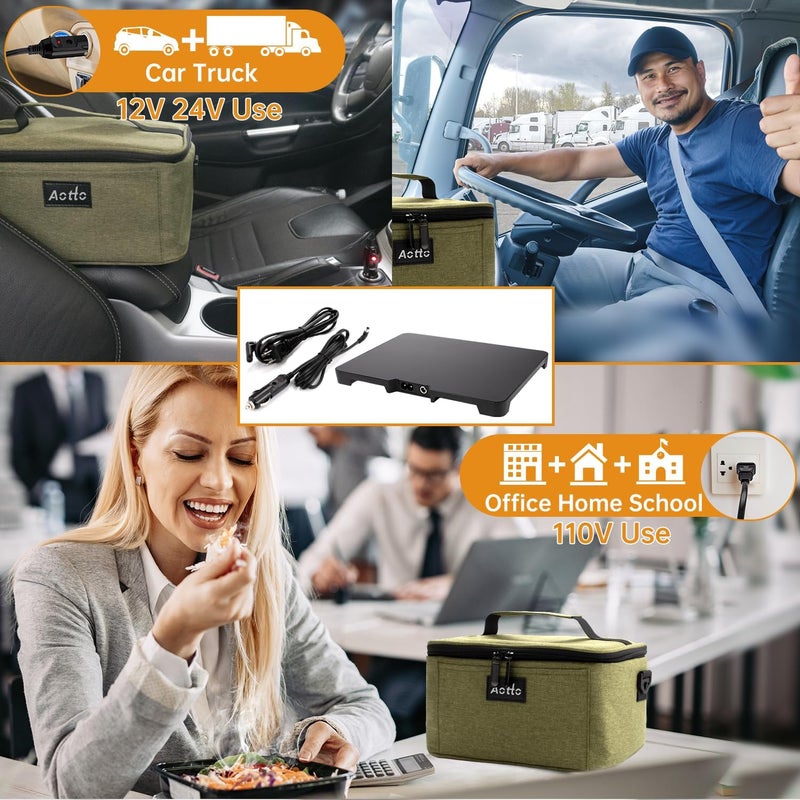 Aotto Portable Oven, Electric Lunch Box Food Heater - 12V/24V/110V 3-in-1 Car Food Warmer - Heated Lunch Box for Adults - Cook, Reheat & Keep Meals Warm for Car, Truck, Travel, Work, Home - Green - Image 2
